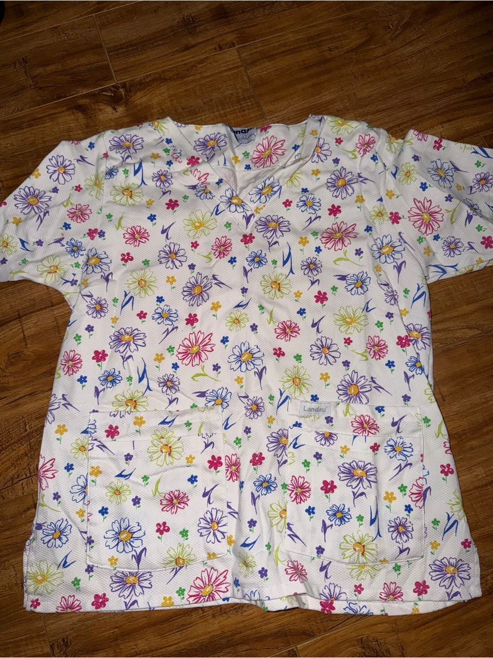 Landau White Floral Short Sleeve Medical Scrub Top with Multicolor Flowers